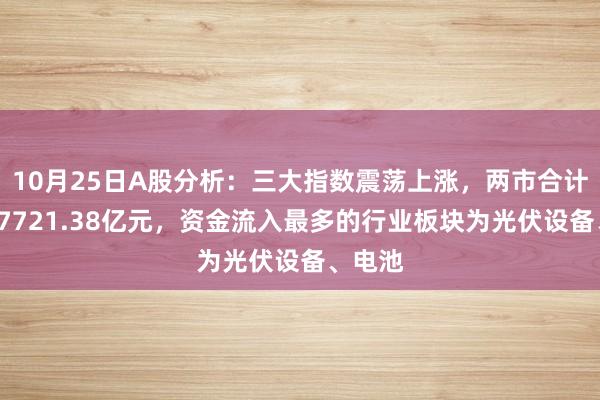 10月25日A股分析：三大指数震荡上涨，两市合计成交17721.38亿元，资金流入最多的行业板块为光伏设备、电池