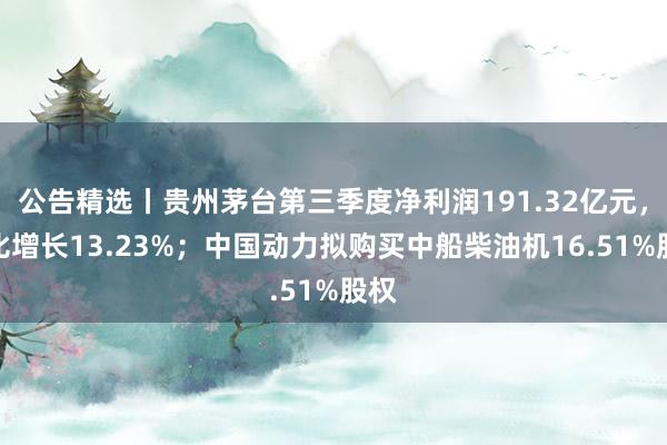 公告精选丨贵州茅台第三季度净利润191.32亿元，同比增长13.23%；中国动力拟购买中船柴油机16.51%股权